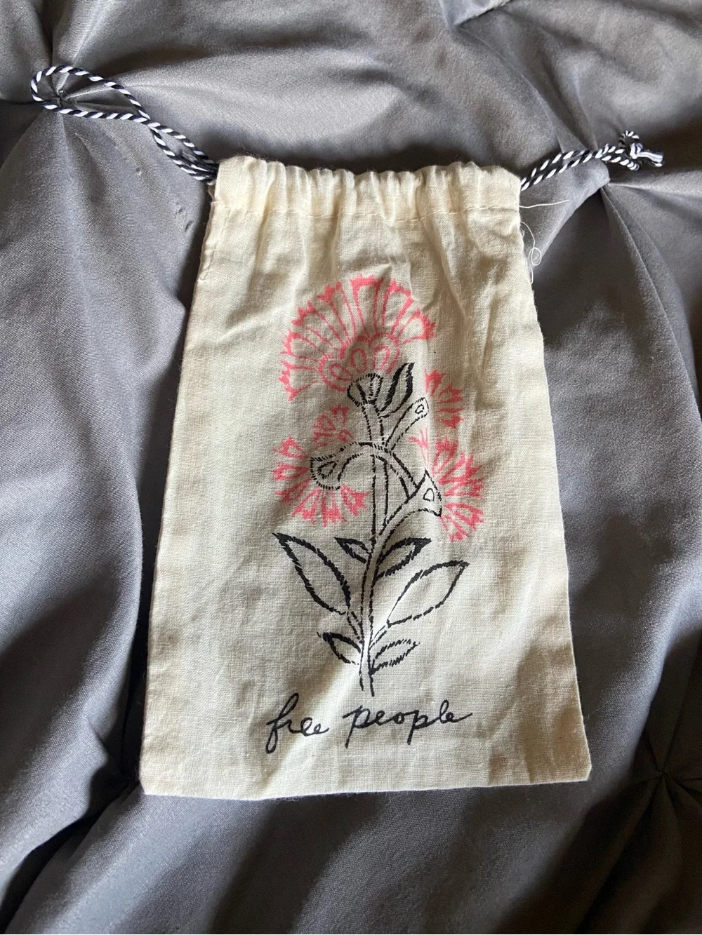 Free People Cream Drawstring Floral Pouch with Pink Accents